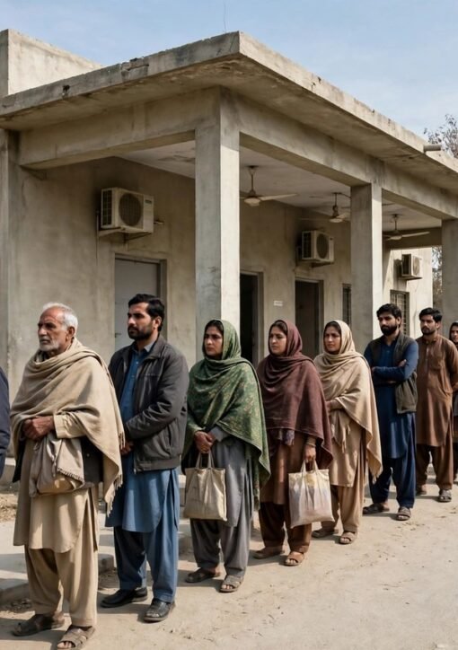 سرکاری دفتر کے باہر امداد کے لیے قطار میں کھڑے عام شہری