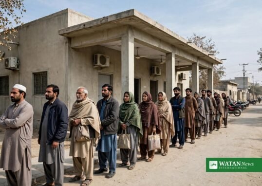 سرکاری دفتر کے باہر امداد کے لیے قطار میں کھڑے عام شہری