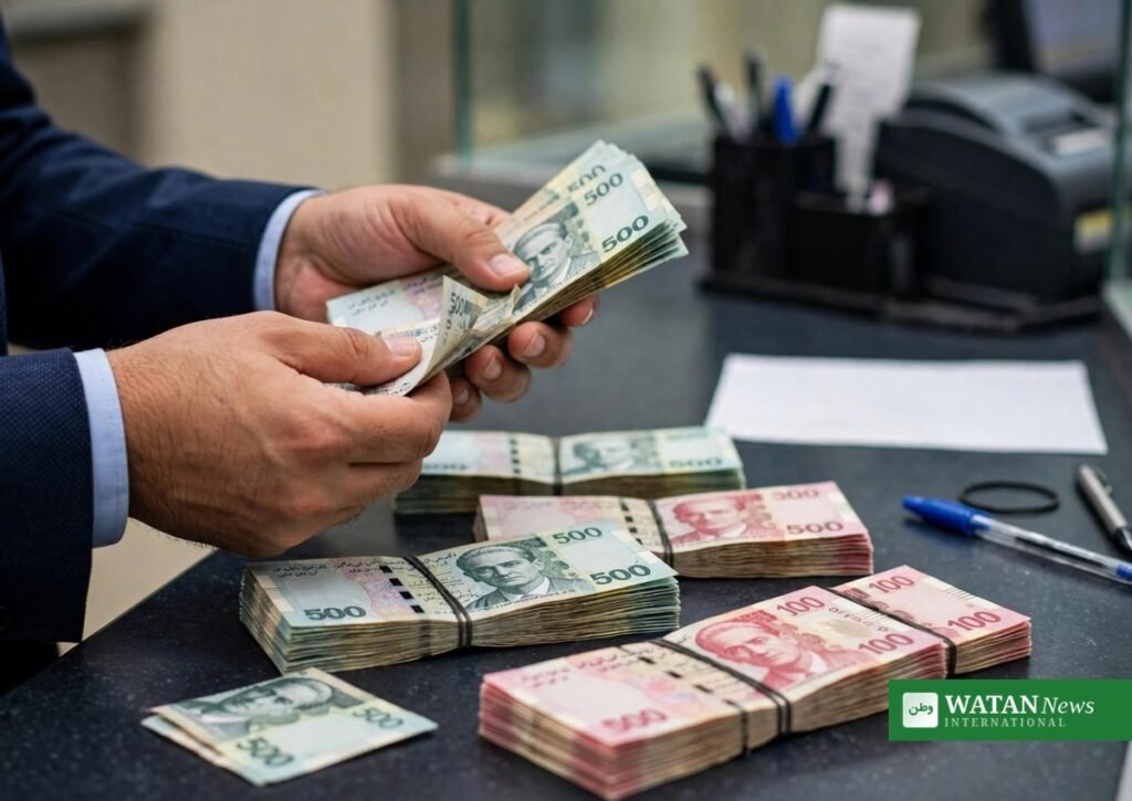 بینک میں رقم کی گنتی کرتے عملے کے ہاتھ اور کرنسی نوٹ