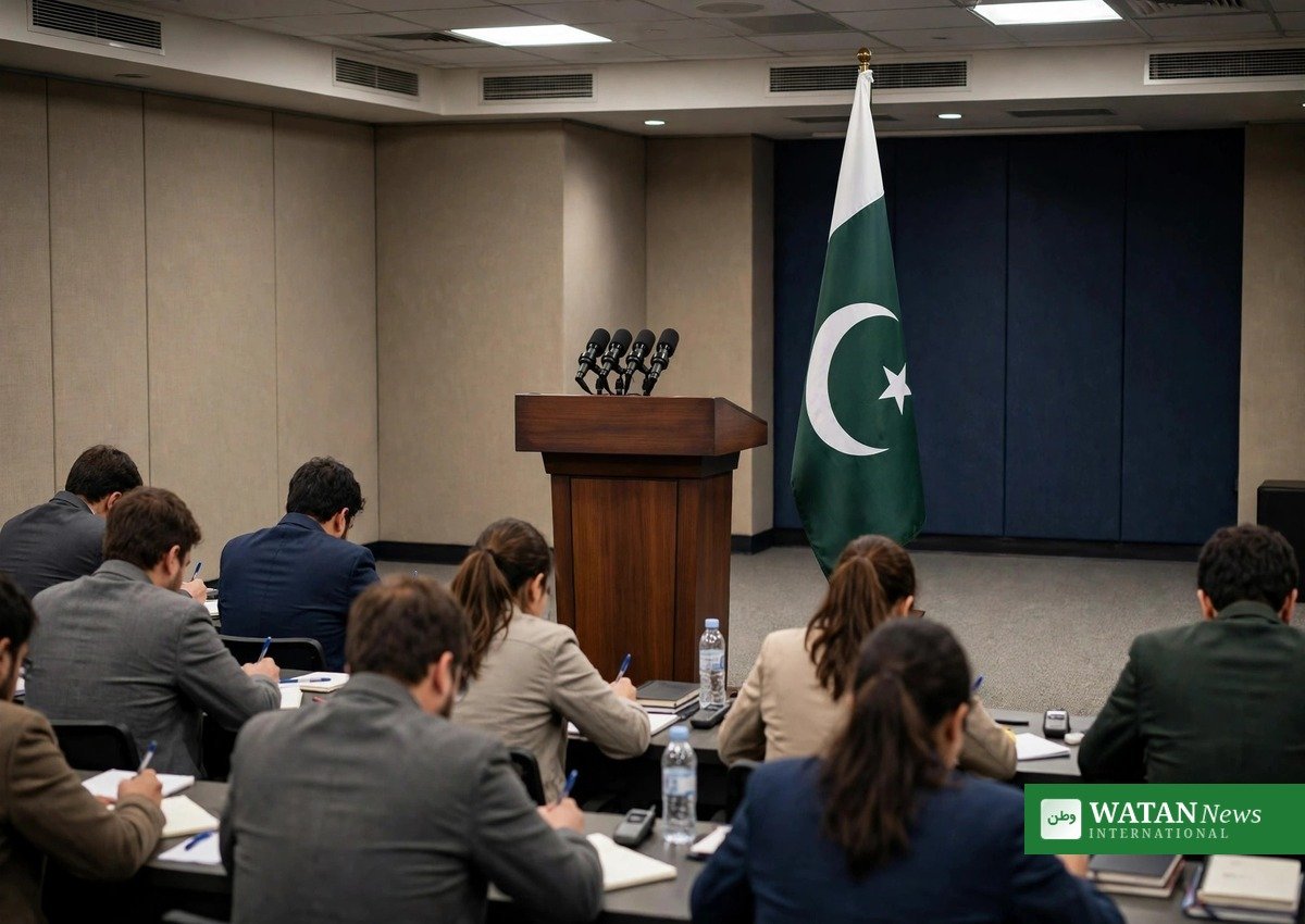 پریس بریفنگ میں مائیکروفون اور پاکستان کا جھنڈا
