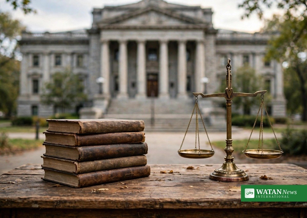عدالت کی عمارت کے سامنے قانون کی کتابیں اور ترازو
