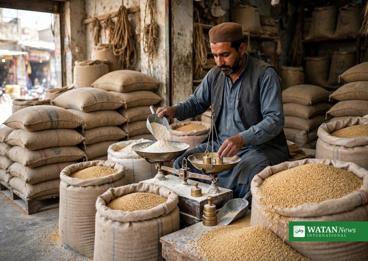 آٹے کی دکان میں گندم تولتا دکاندار