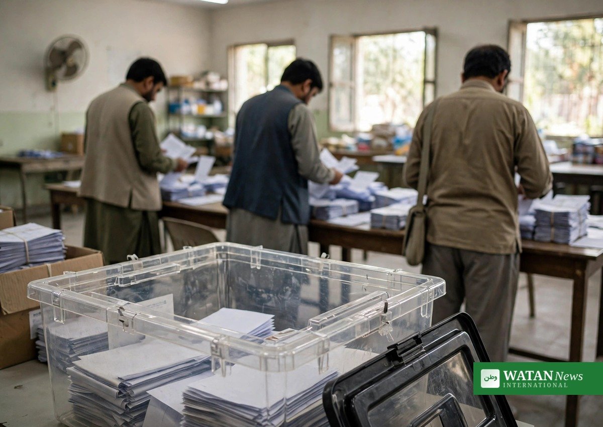 پولنگ اسٹیشن پر بیلٹ پیپرز کی گنتی