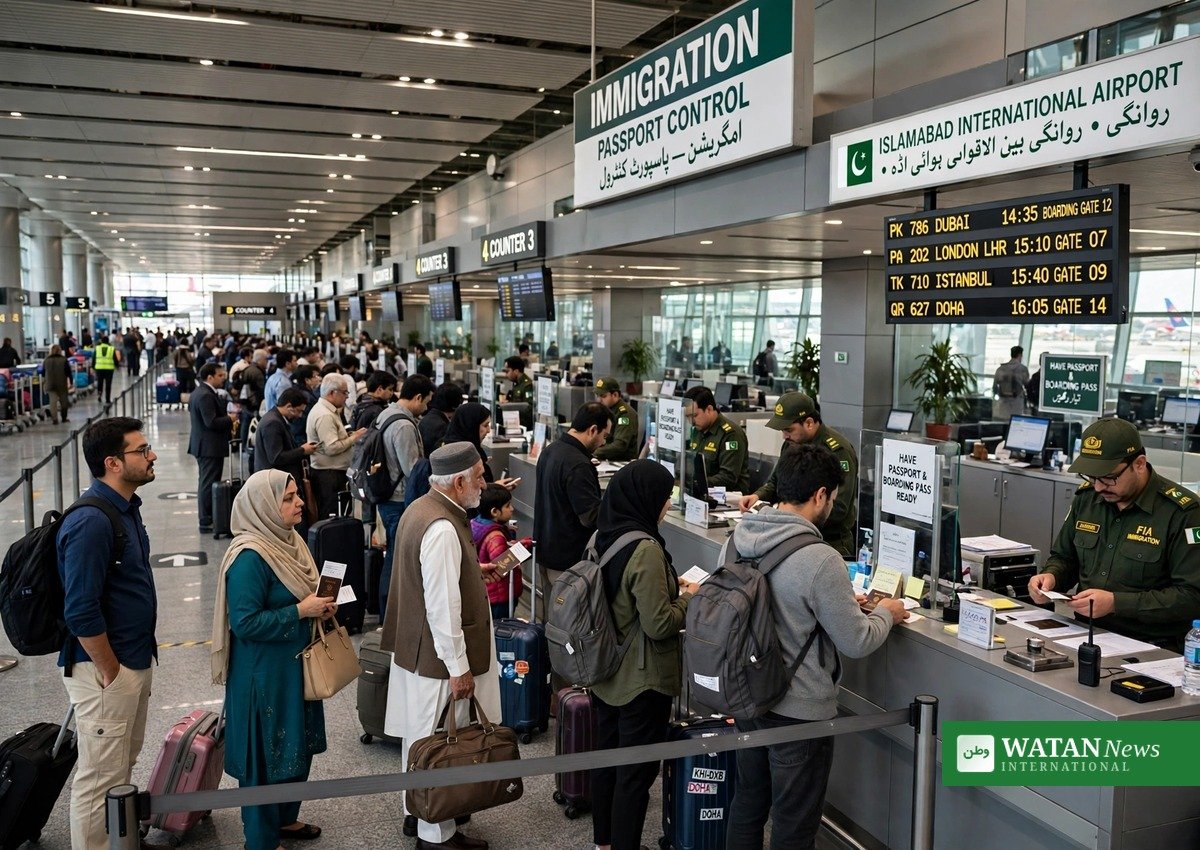 ایمیگریشن کاؤنٹر پر دستاویزات کی جانچ کرواتا مسافر