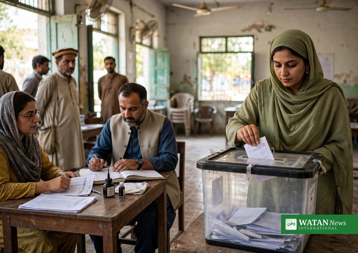 بلدیاتی انتخابات کے دوران پولنگ اسٹیشن میں ووٹ ڈالنے کا منظر