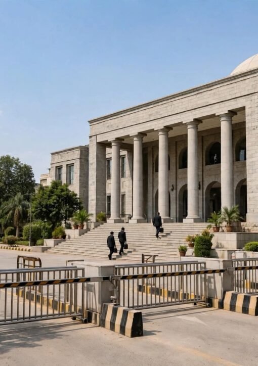 راولپنڈی کی عدالت کی عمارت کے باہر سیکیورٹی بیریئر