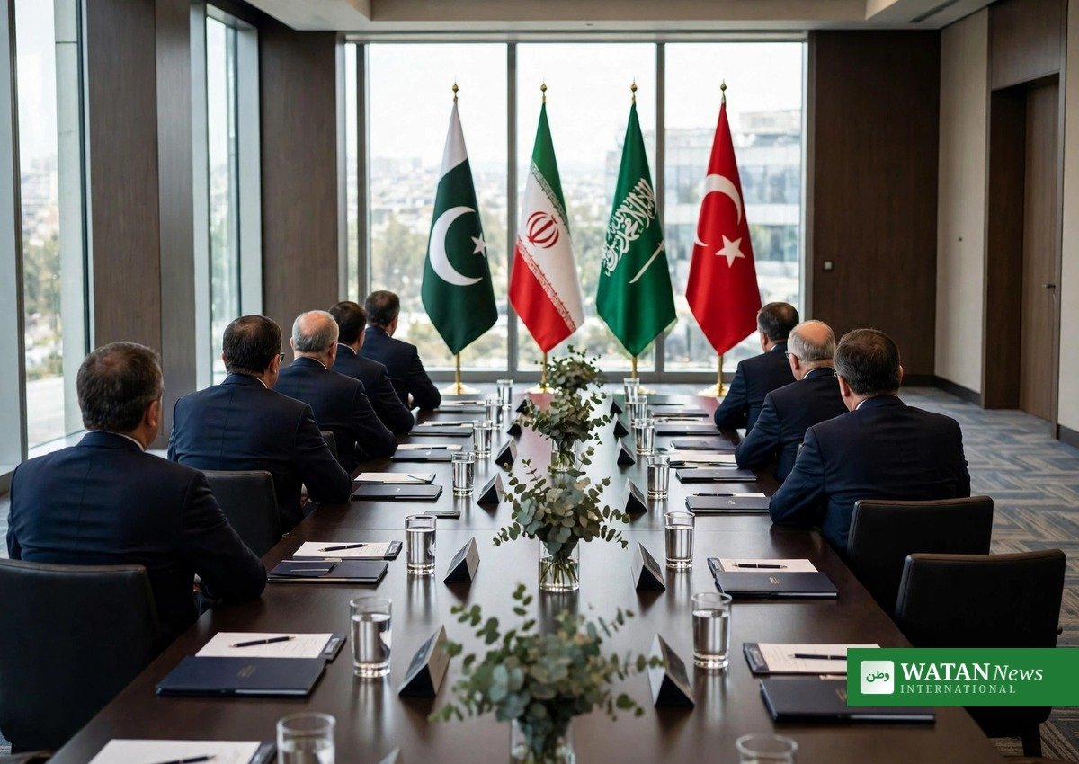 سفارتی اجلاس میں پاکستان، ایران، سعودی عرب اور ترکیے کے پرچم