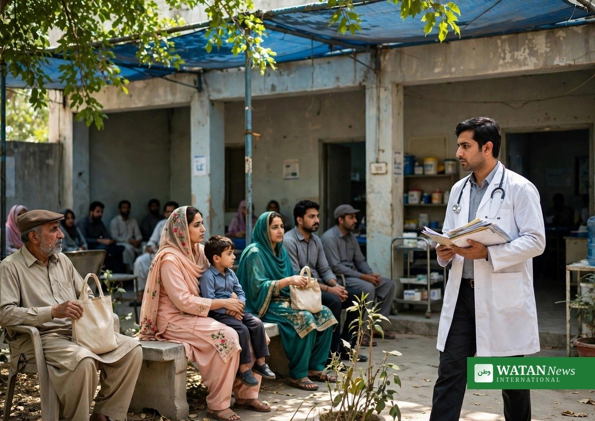 پاکستان میں بنیادی مرکز صحت کے باہر مریضوں کی قطار