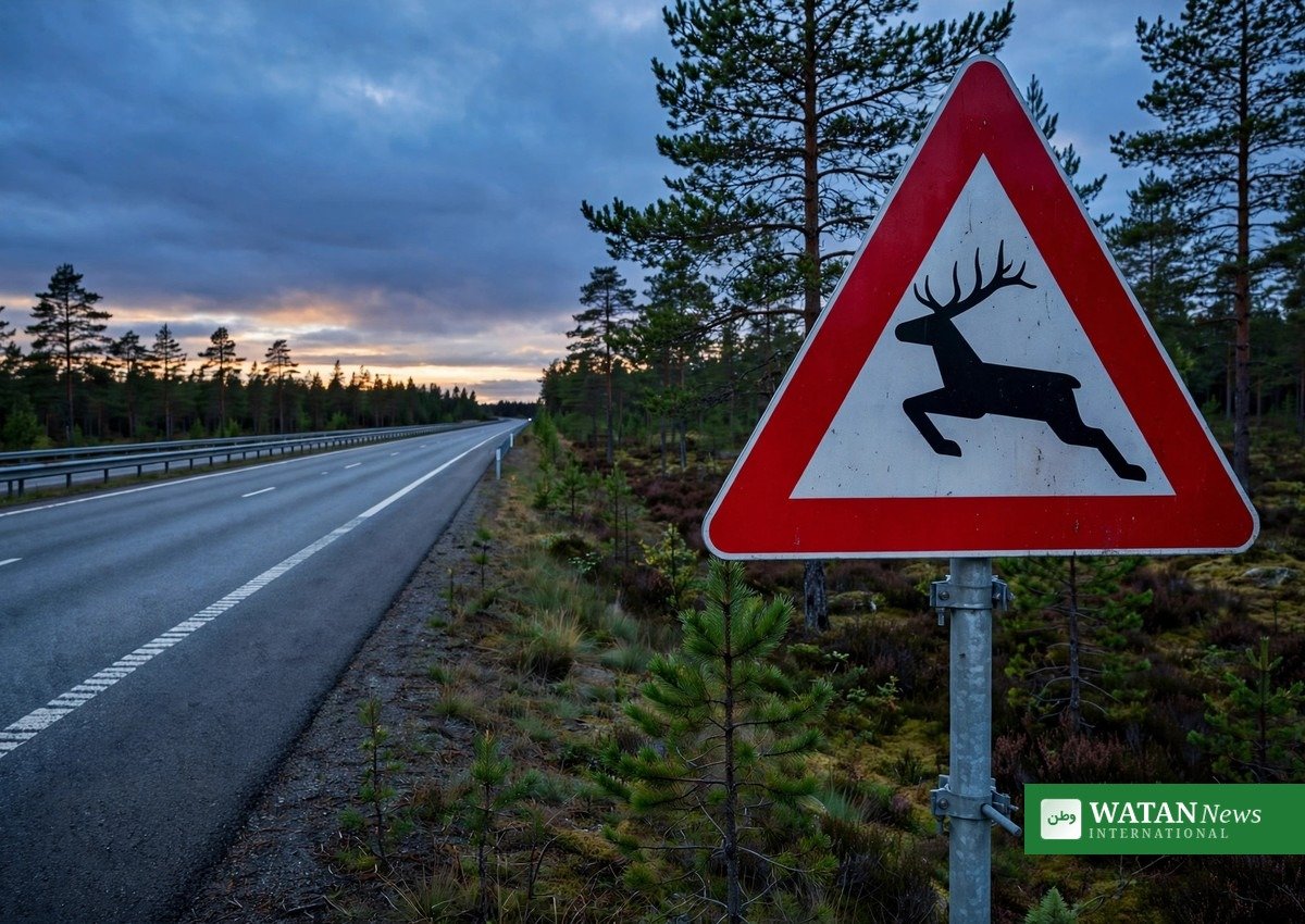 Advarselsskilt med elg ved dansk motorvej i skumringen – elg påkørsel Helsingørmotorvejen