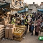 WFP Gaza food aid cuts — food distribution point in Gaza with sacks of flour and cooking oil
