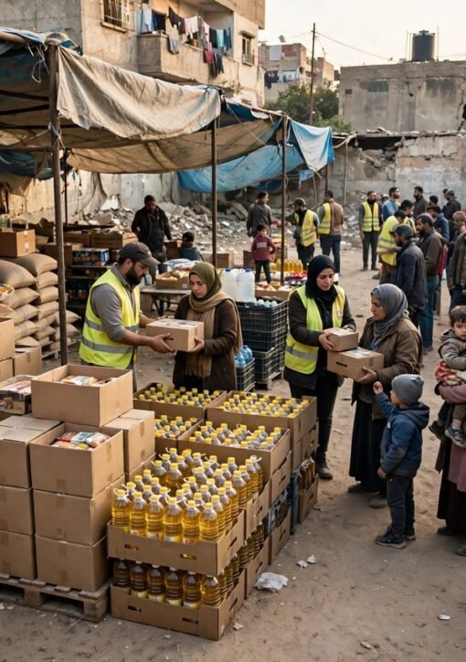 WFP Gaza food aid cuts — food distribution point in Gaza with sacks of flour and cooking oil