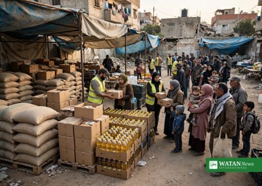 WFP Gaza food aid cuts — food distribution point in Gaza with sacks of flour and cooking oil