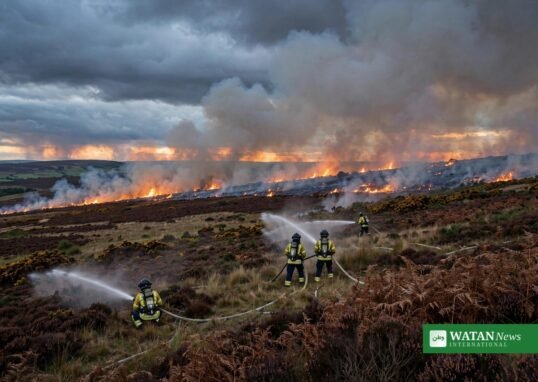 Firefighters battle a wildfire on English heathland as record England wildfires strain fire services in summer 2026