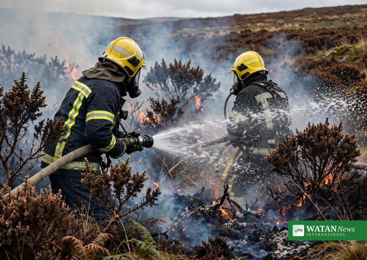 Firefighters tackling a wildfire in England — research found 14 of 29 fire services lack wildfire-specific protective gear