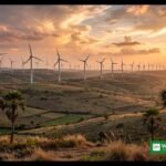 Rows of wind turbines on rolling hills in India at sunset