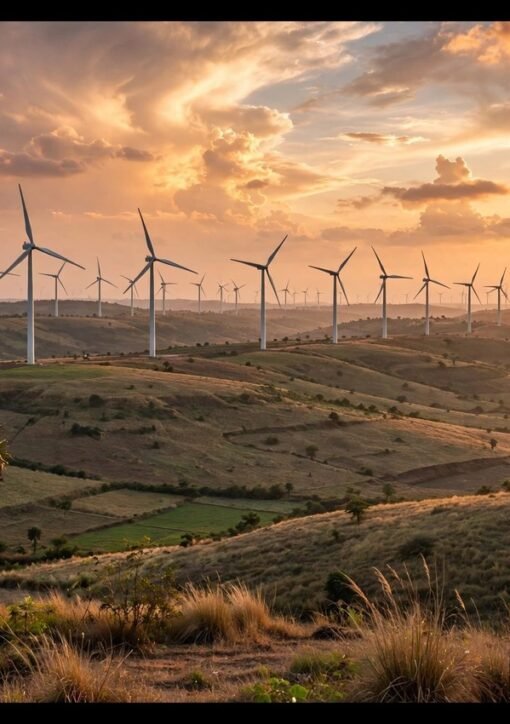 Rows of wind turbines on rolling hills in India at sunset