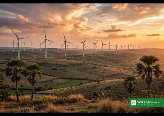 Rows of wind turbines on rolling hills in India at sunset