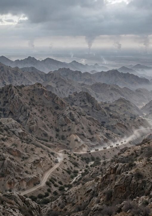 Yemeni mountains with a military convoy during Operation Fajr al-Yemen against Houthi forces