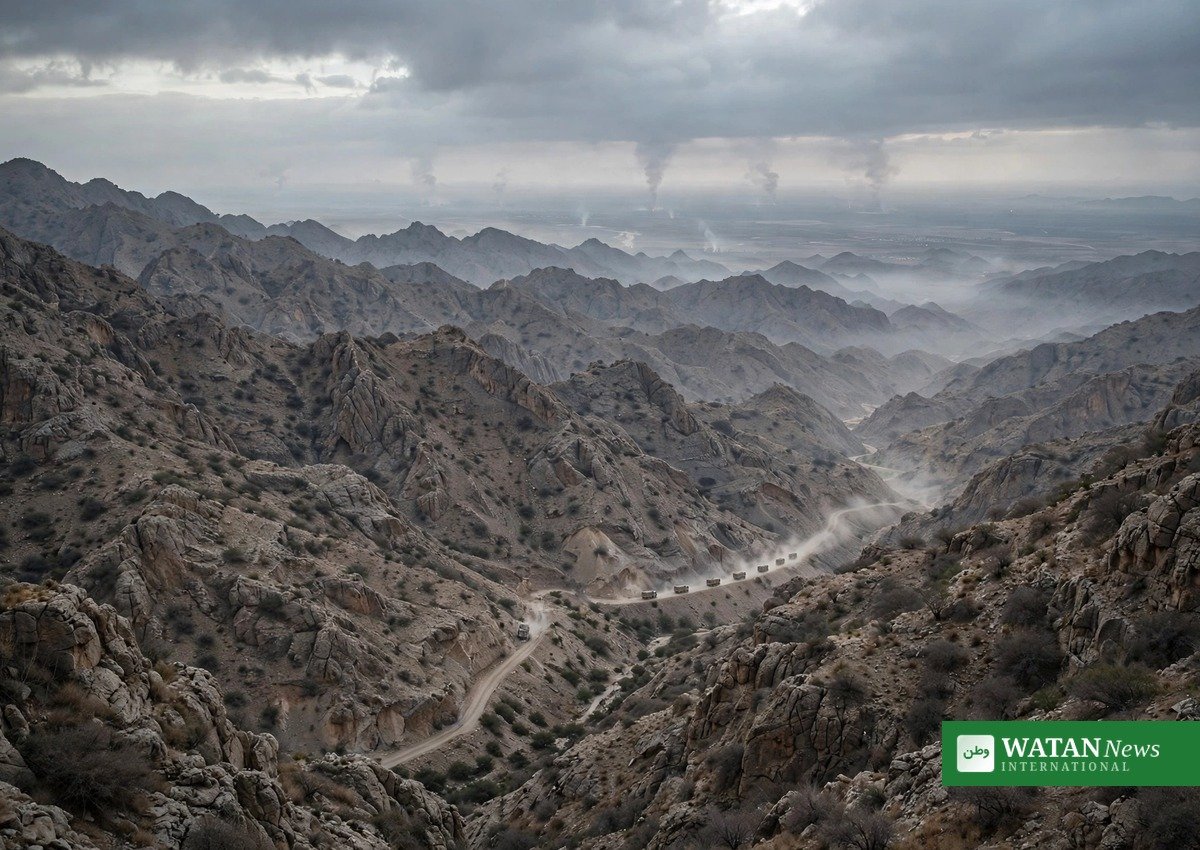 Yemeni mountains with a military convoy during Operation Fajr al-Yemen against Houthi forces