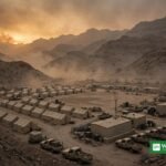 Houthi missile strike: desert military training camp in Yemen's Shabwa province at dusk