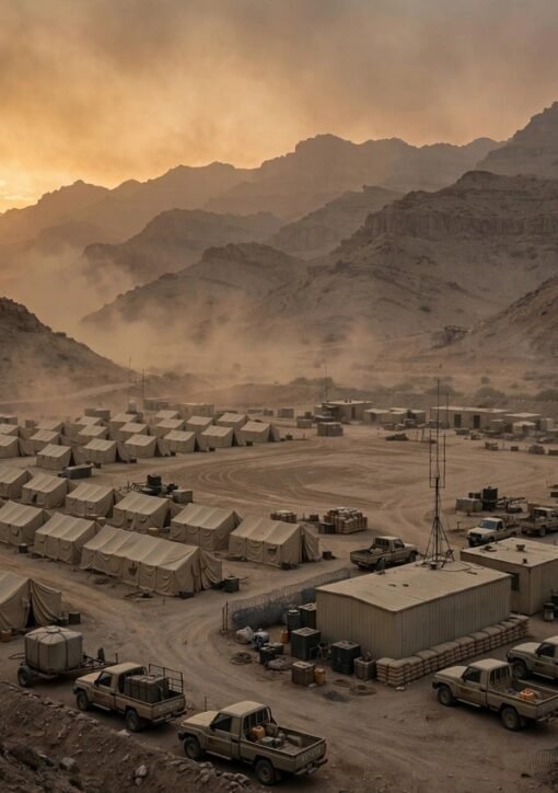 Houthi missile strike: desert military training camp in Yemen's Shabwa province at dusk
