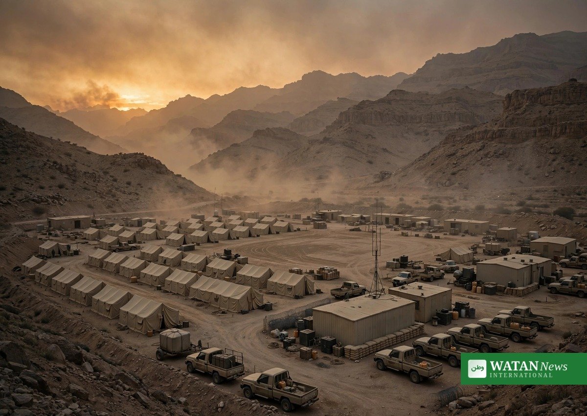 Houthi missile strike: desert military training camp in Yemen's Shabwa province at dusk